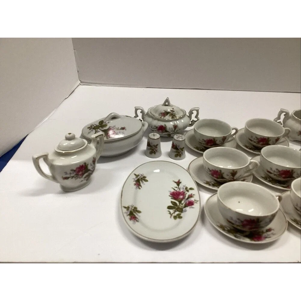 1950s vtg child tea set moss rose 28 pcs miniature bone china Japan crane